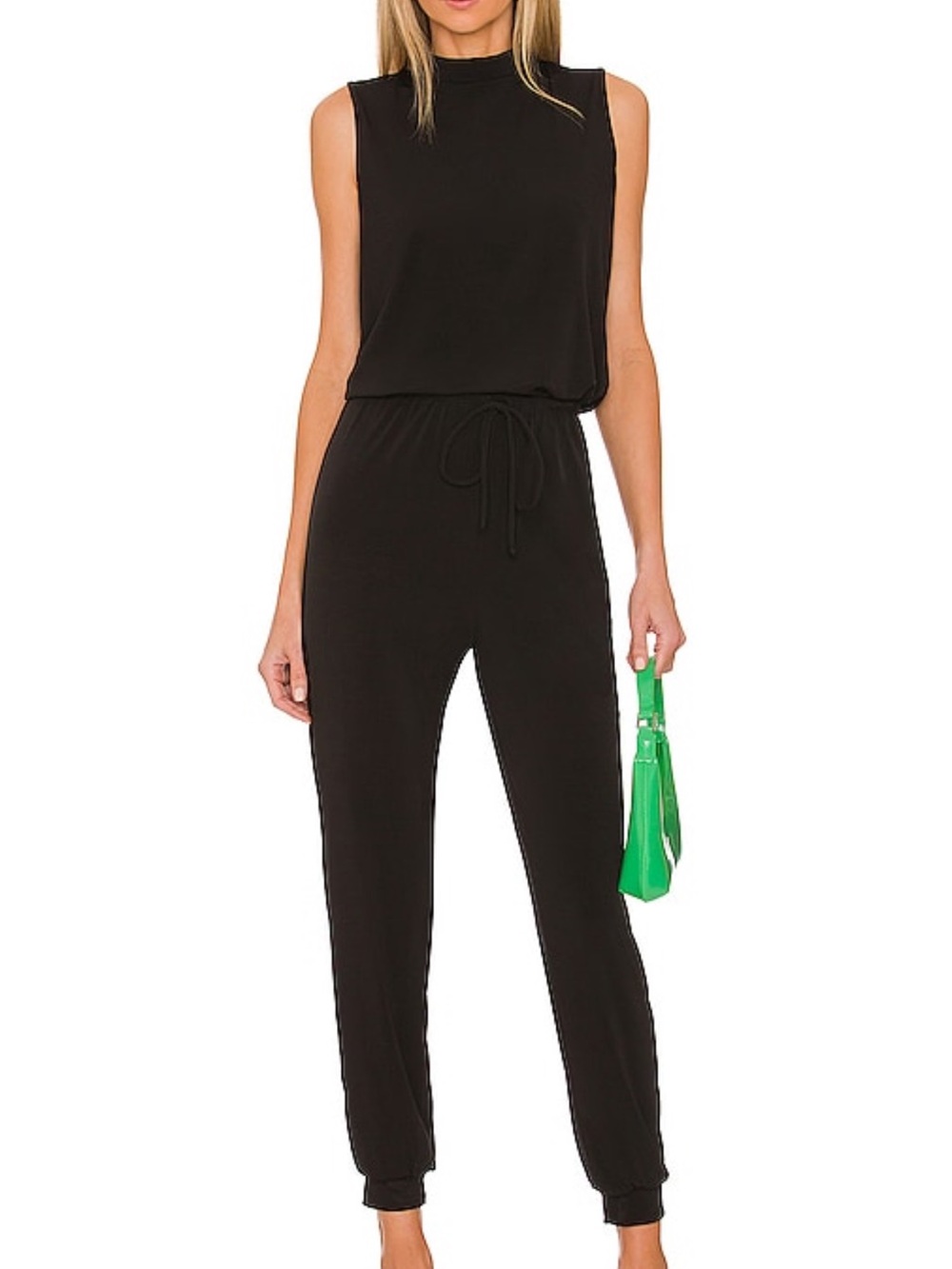 Lanston Sleeveless Black Drawstring Waist Jumpsuit